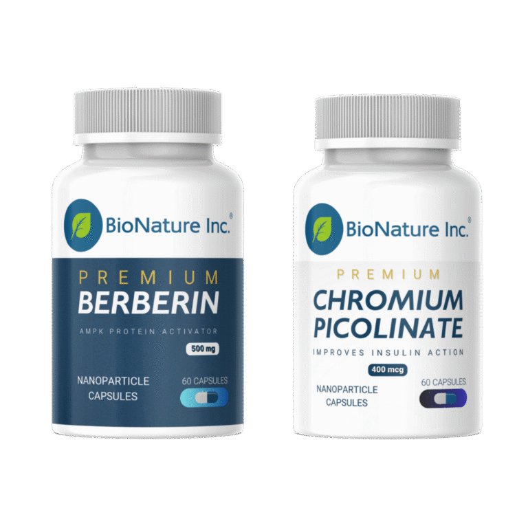 Two BioNature Inc. product bottles, Berberine and Chromium Picolinate